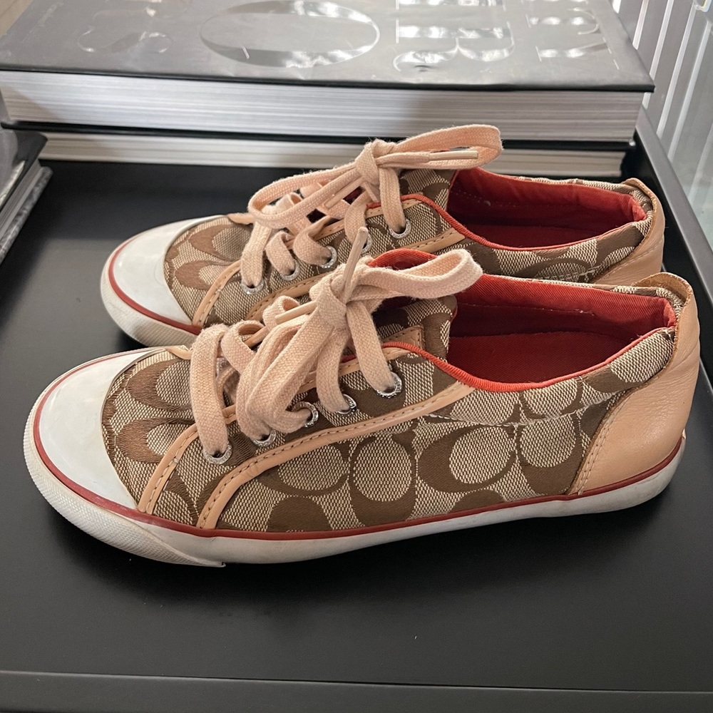 Coach Barrett Tan Canvas Sneakers w/ Peach Laces